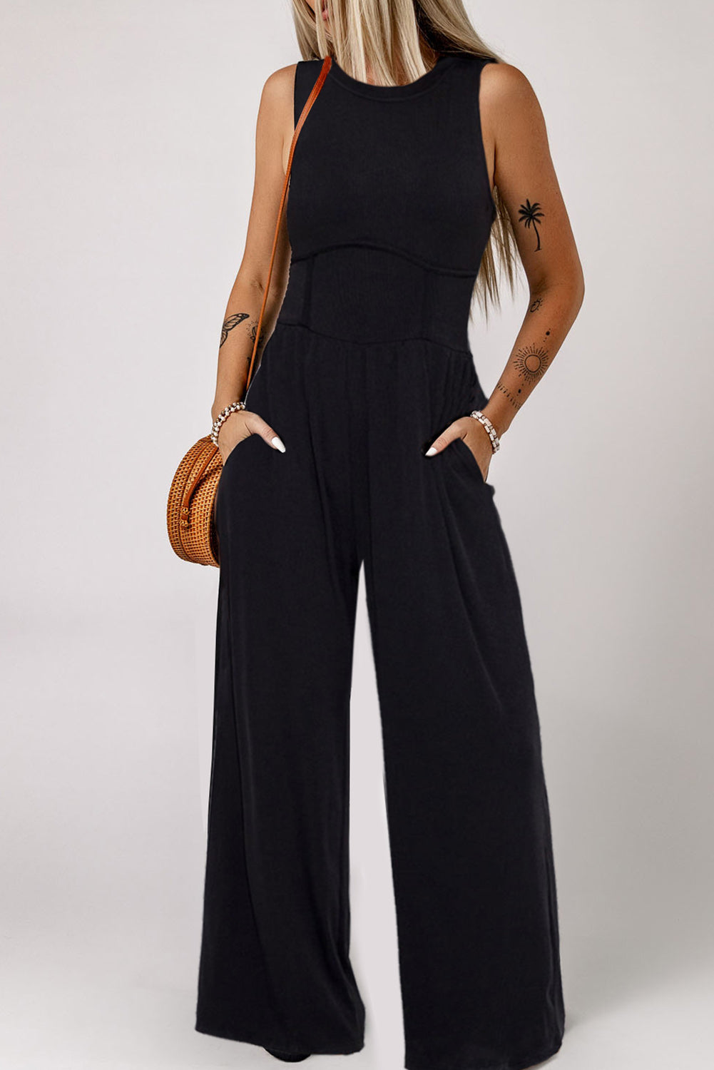 loose jumpsuit dress Sleeveless High Waist Wide Leg Jumpsuit Black / M