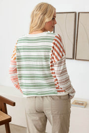 Color Block Stripe Long Sleeve Relaxed Knit Top
