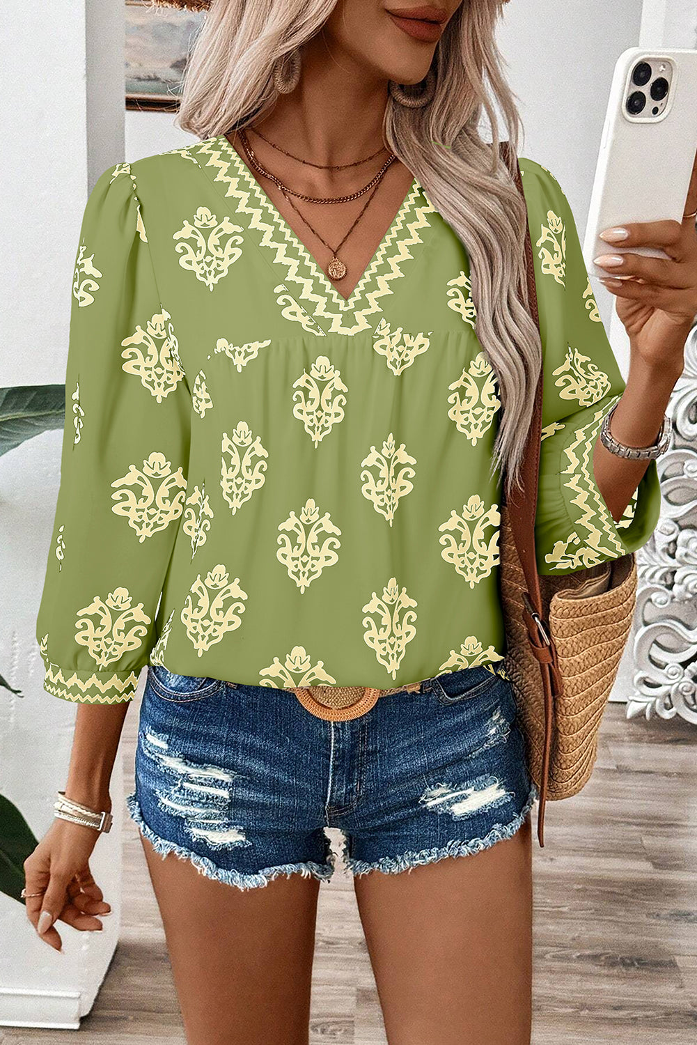 Blue Damask Floral Print Contrast V Neck 3/4 Sleeve Blouse