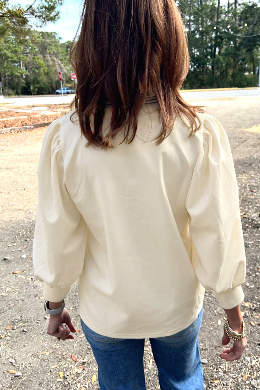 Striped Ruffle Button Neck Pullover Sweatshirt