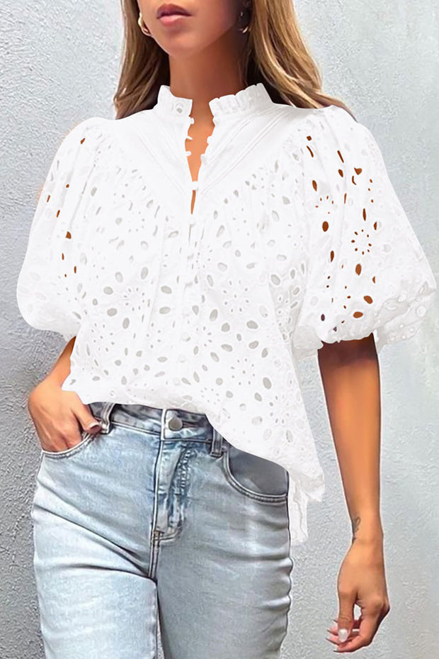 White Flower Hollow-out Short Puff Sleeve Blouse