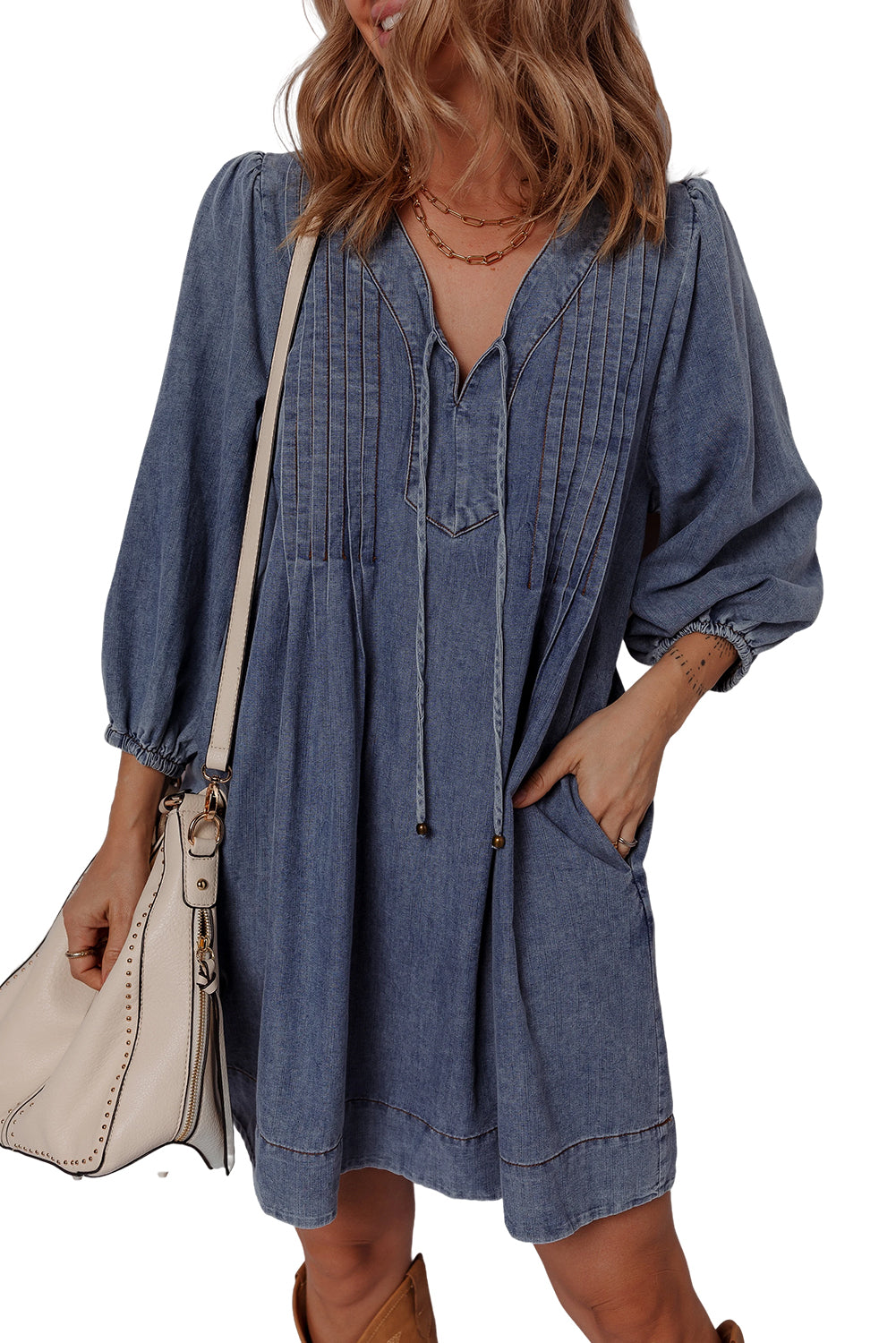 Blue Pleated V Neck 3/4 Sleeve Denim Mini Dress