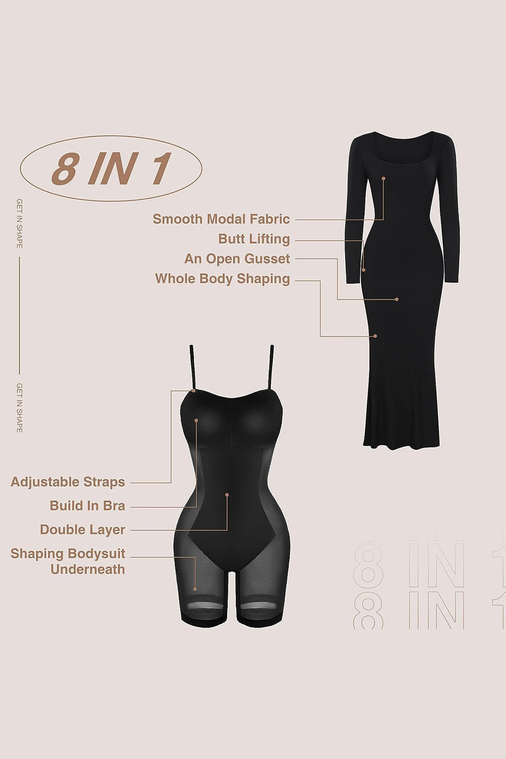 洋書 IN PERFECT SHAPE Seamless Square Neck Long Sleeve Shaper Dress