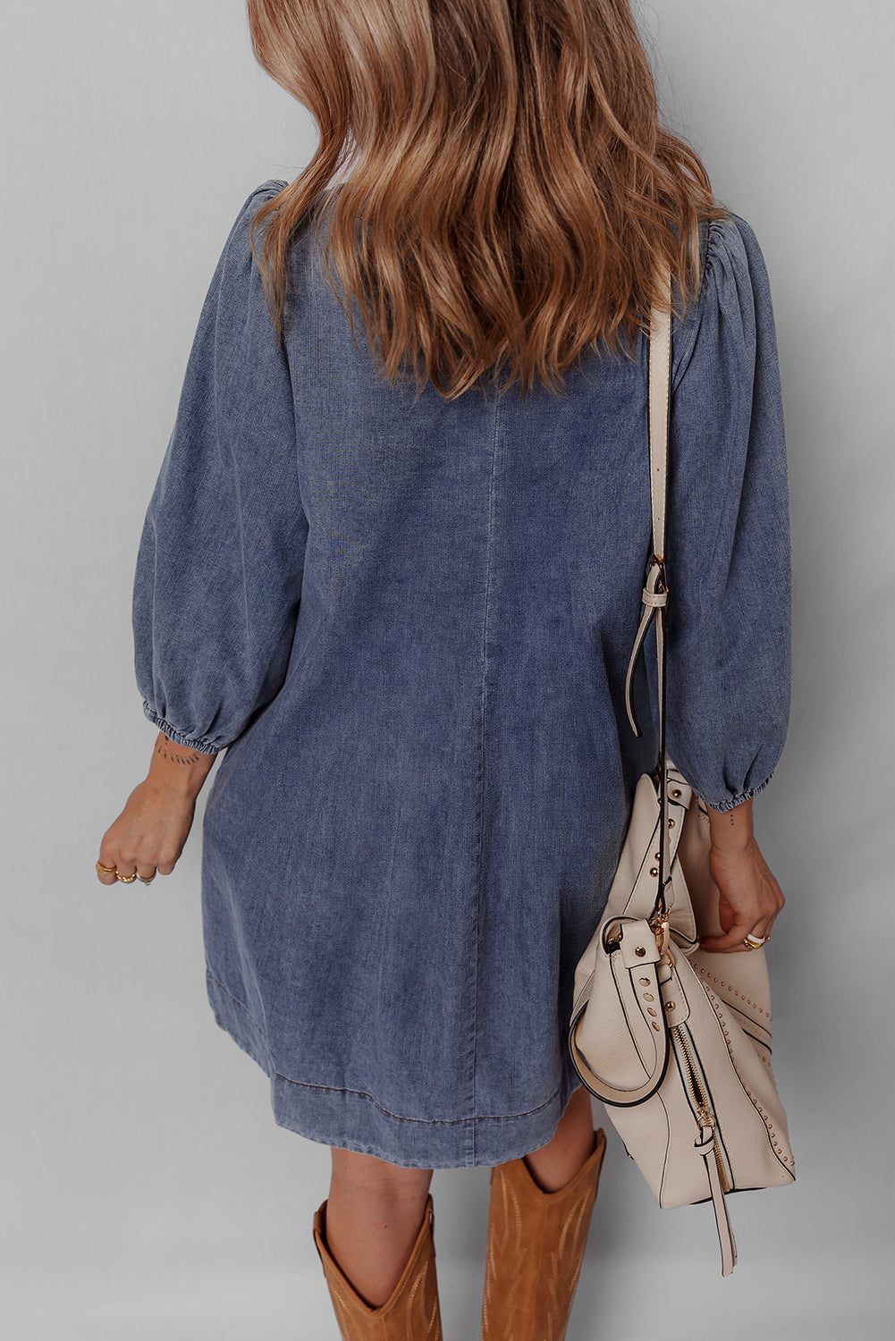 Blue Pleated V Neck 3/4 Sleeve Denim Mini Dress