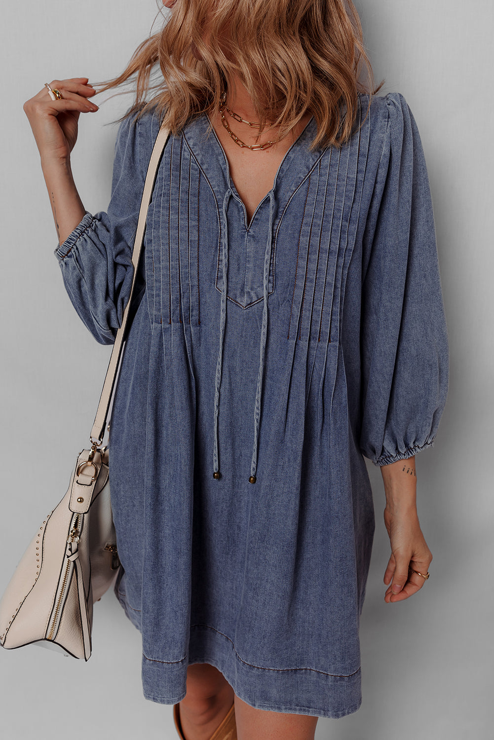Blue Pleated V Neck 3/4 Sleeve Denim Mini Dress