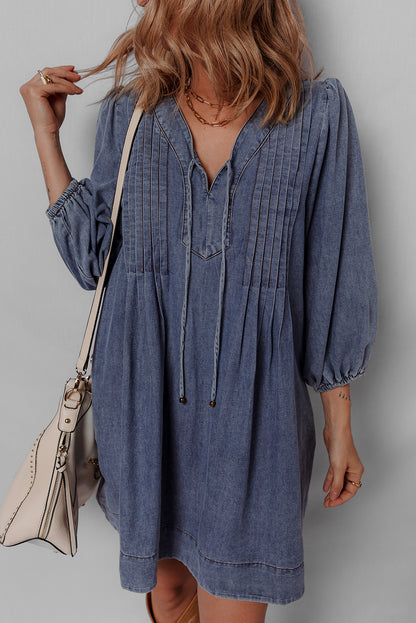Blue Pleated V Neck 3/4 Sleeve Denim Mini Dress