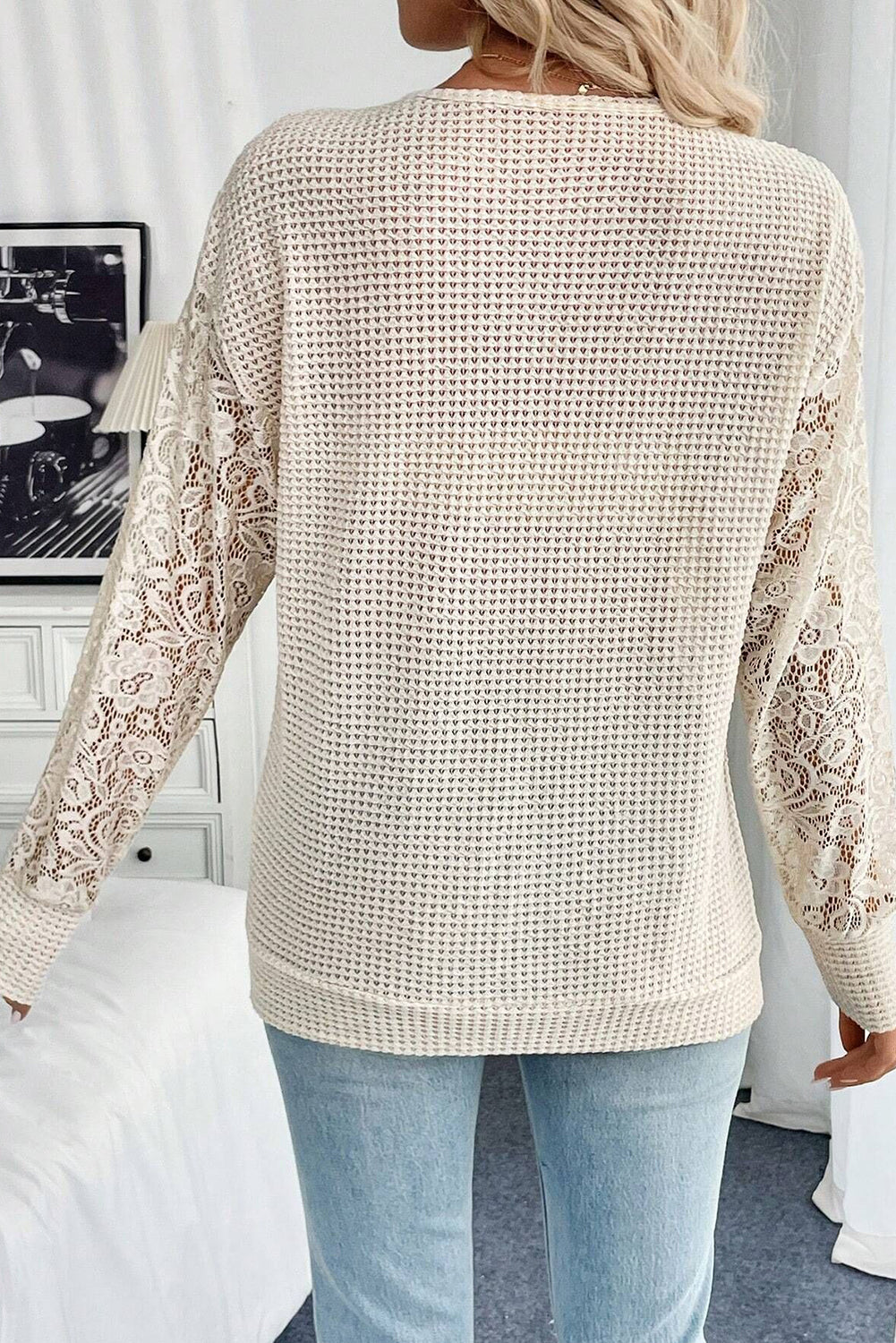 Waffle V Neck Patchwork Lace Long Sleeve Top