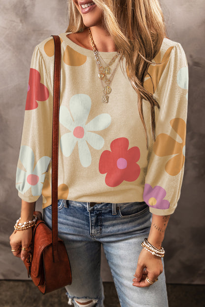 Flower Print Rueched  Sleeve Top