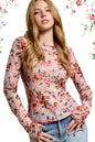 Pink Semi Sheer Crew Neck Long Sleeve Mesh Layering Top