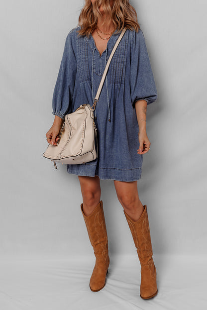 Blue Pleated V Neck 3/4 Sleeve Denim Mini Dress