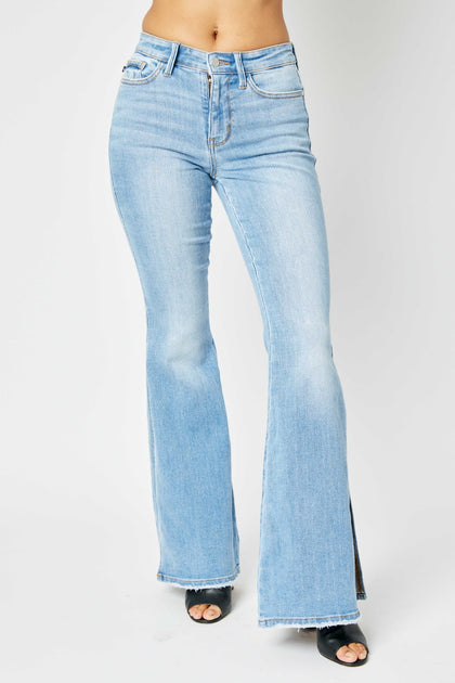 Judy Blue Full Size Mid Rise Raw Hem Slit Flare Jeans – Whimsy Clothing