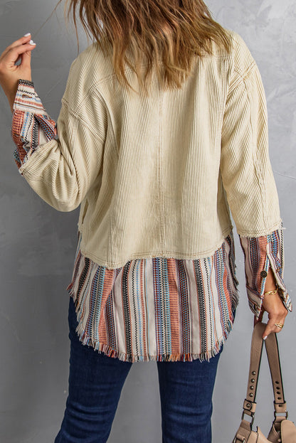 Button Up Pockets Striped Block Corduroy Jacket