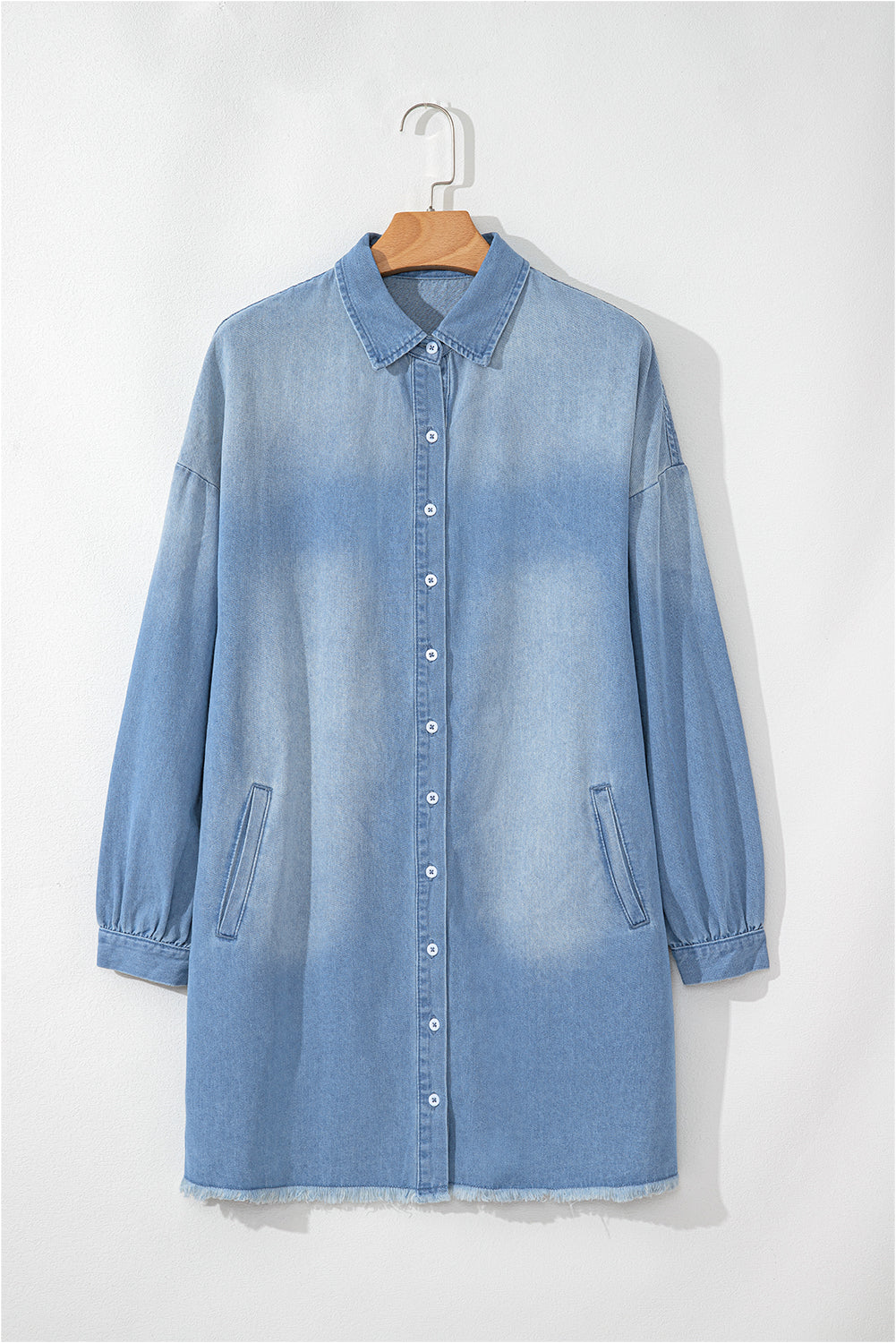 Washed Raw Hem Denim Shirt Dress