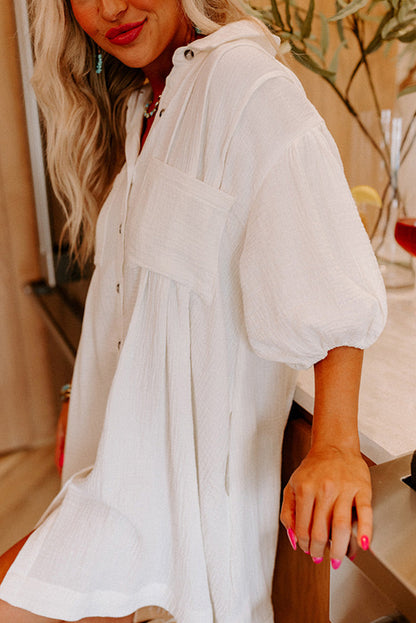 White Half Sleeve Buttoned Shirt Dress