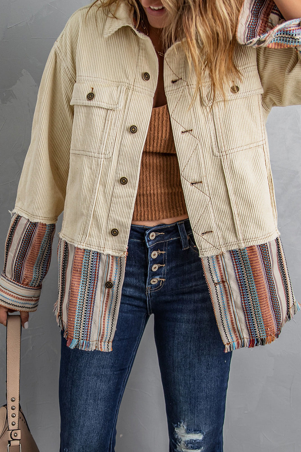 Button Up Pockets Striped Block Corduroy Jacket