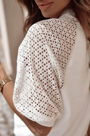 Pointelle Lace Sleeve Loose Round Neck Tee