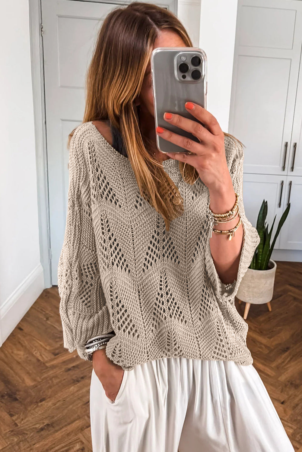 Parchment Hollow Out Knit 3/4 Sleeve Casual Sweater