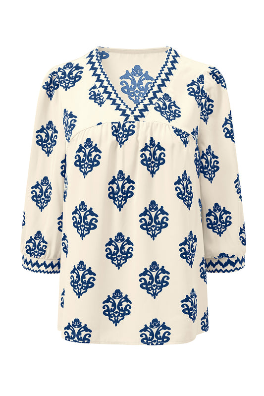 Blue Damask Floral Print Contrast V Neck 3/4 Sleeve Blouse