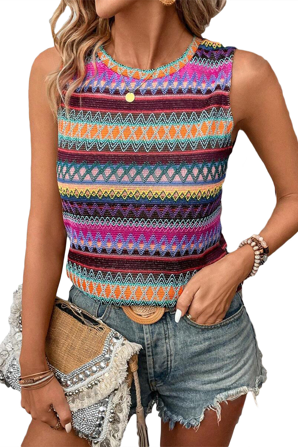 Wavy Round Neck Sleeveless Top