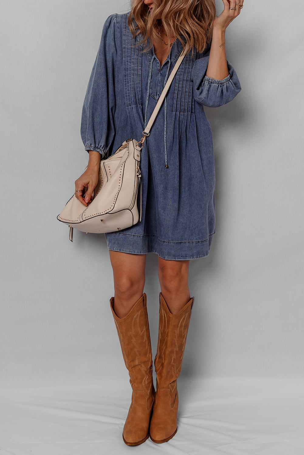 Blue Pleated V Neck 3/4 Sleeve Denim Mini Dress