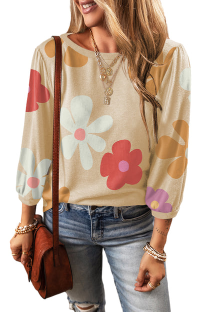 Flower Print Rueched  Sleeve Top