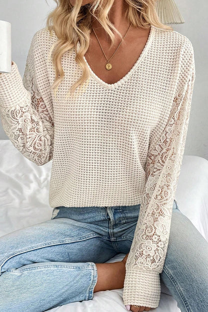 Waffle V Neck Patchwork Lace Long Sleeve Top
