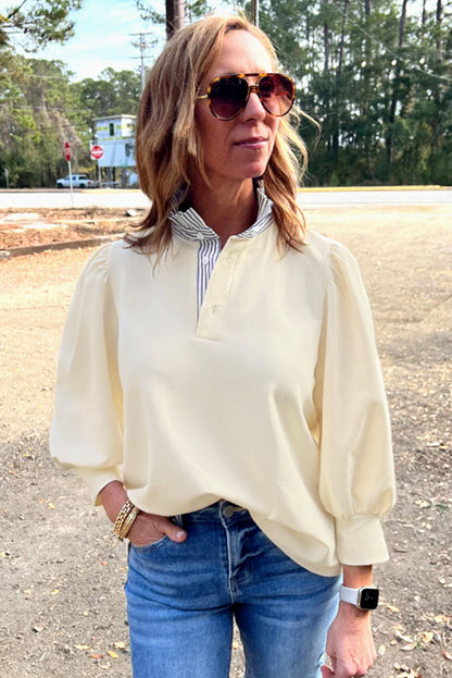 Striped Ruffle Button Neck Pullover Sweatshirt