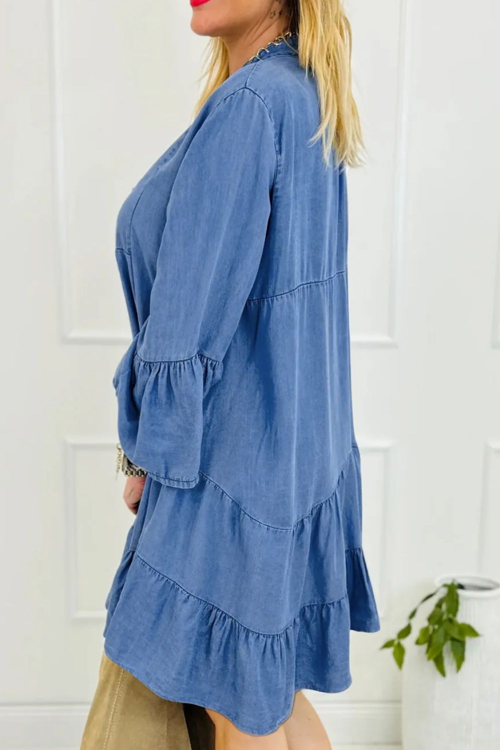 Wholesale MOQ6 Notched Flare Sleeve Denim Dress Wholesale MOQ6 Notched Flare Sleeve Denim Dress