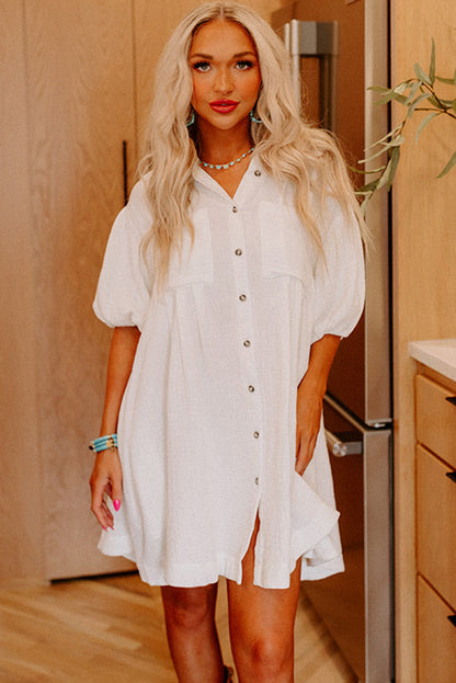 White Half Sleeve Buttoned Shirt Dress