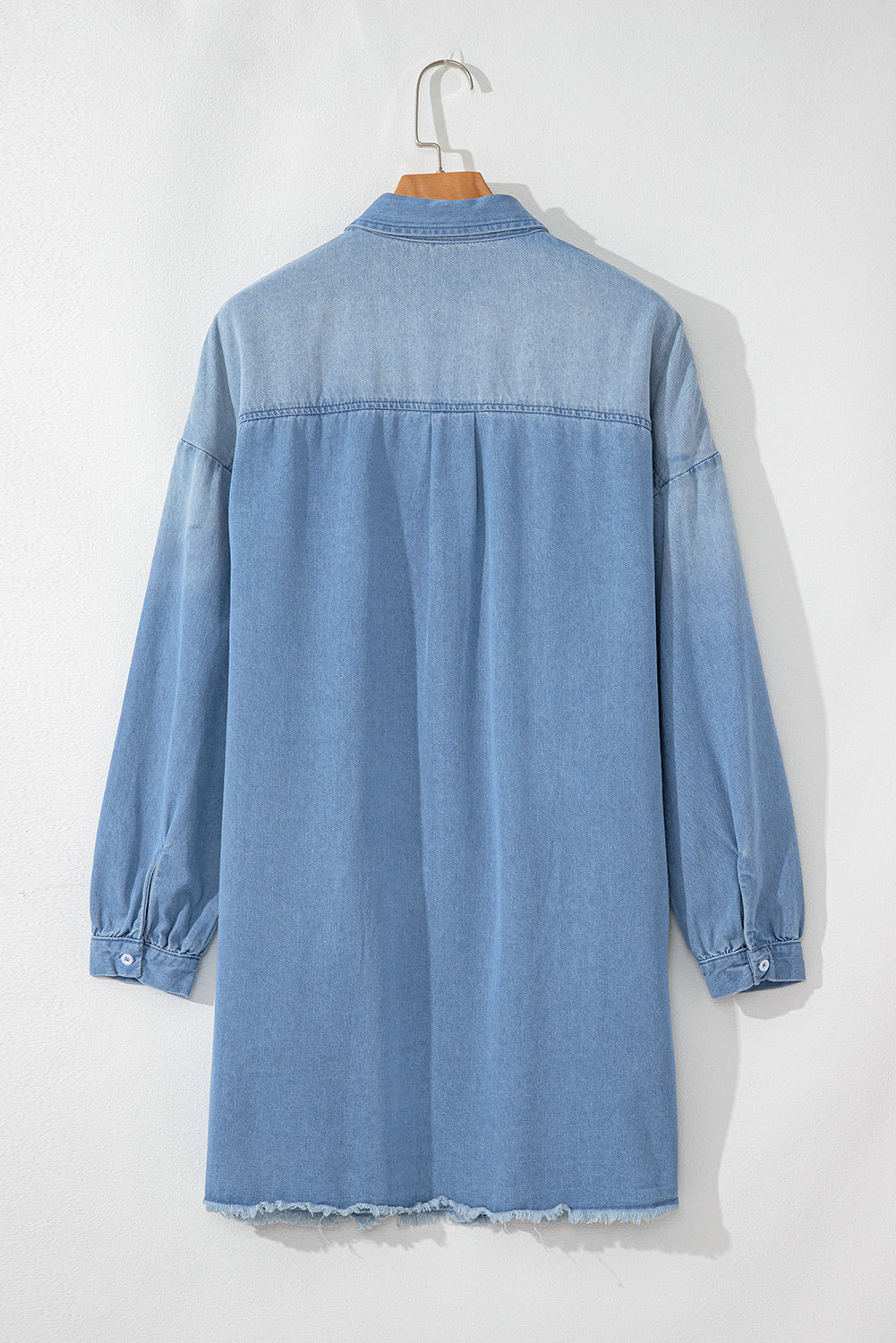 Washed Raw Hem Denim Shirt Dress - Blue / M / 82%Cotton+10%Polyester+8%Viscose Washed Raw Hem Denim Shirt Dress - Blue / M / 82%Cotton+10%Polyester+8%Viscose