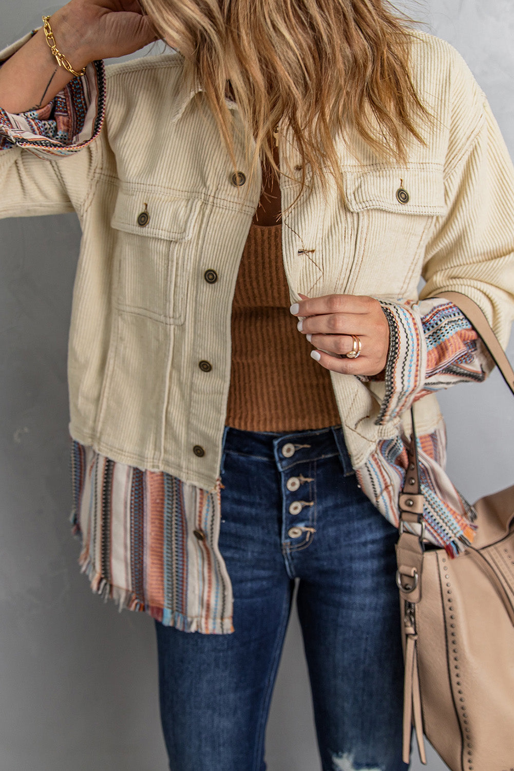 Button Up Pockets Striped Block Corduroy Jacket