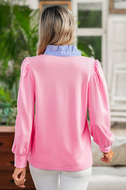 Striped Ruffle Button Neck Pullover Sweatshirt