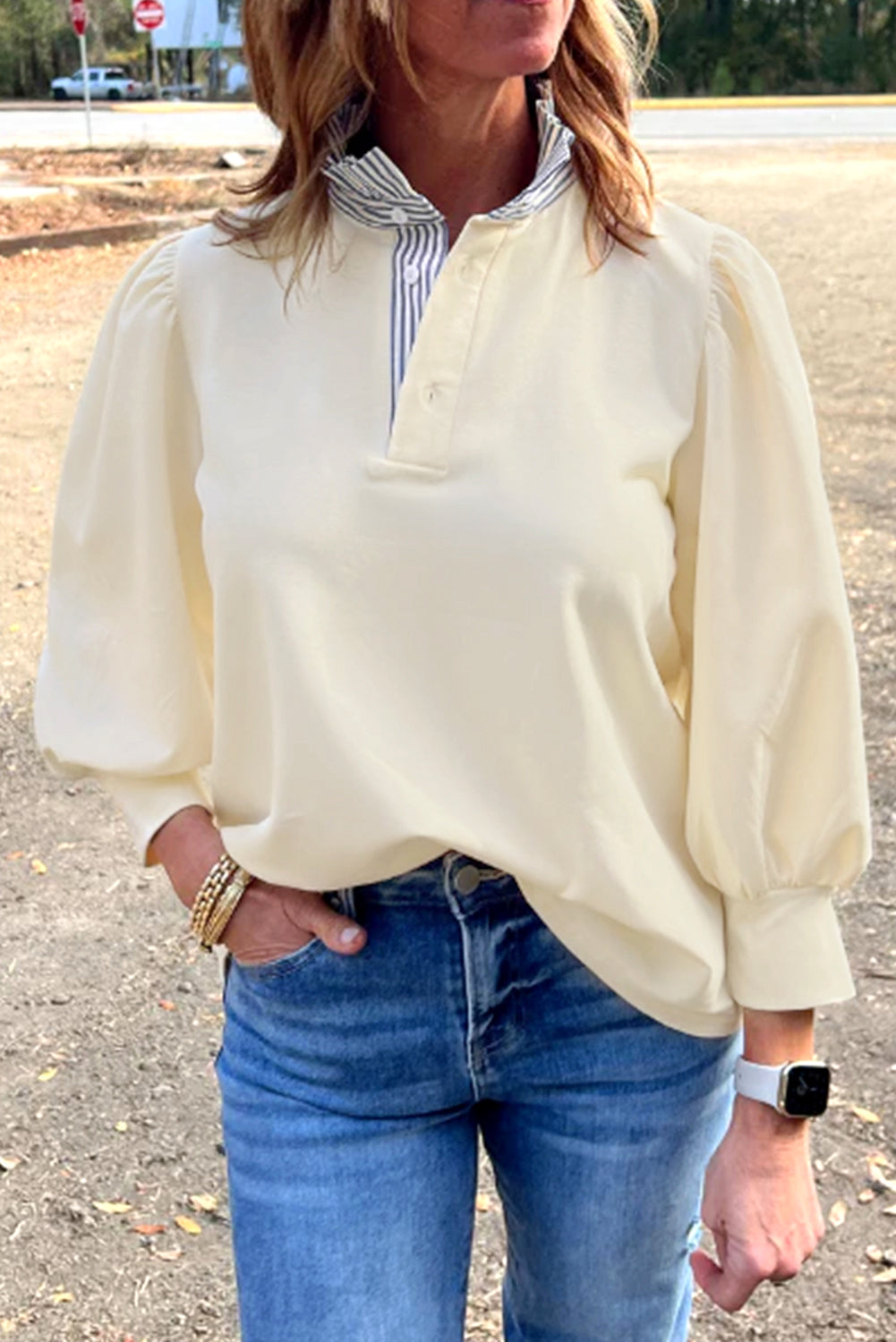 Striped Ruffle Button Neck Pullover Sweatshirt