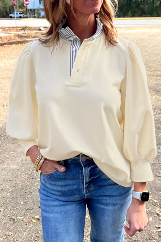 Striped Ruffle Button Neck Pullover Sweatshirt