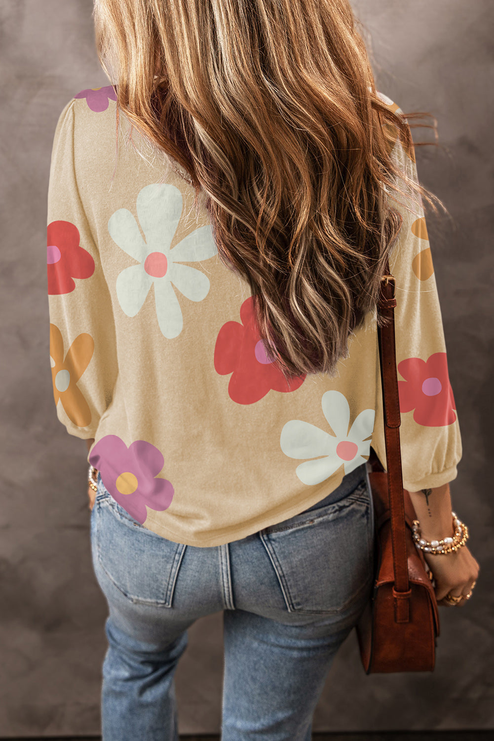 Flower Print Rueched  Sleeve Top