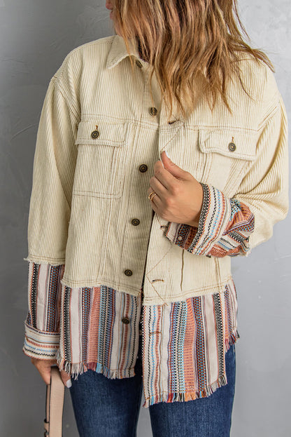 Button Up Pockets Striped Block Corduroy Jacket