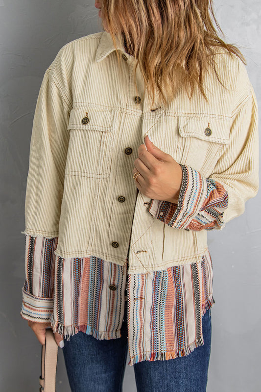 Button Up Pockets Striped Block Corduroy Jacket
