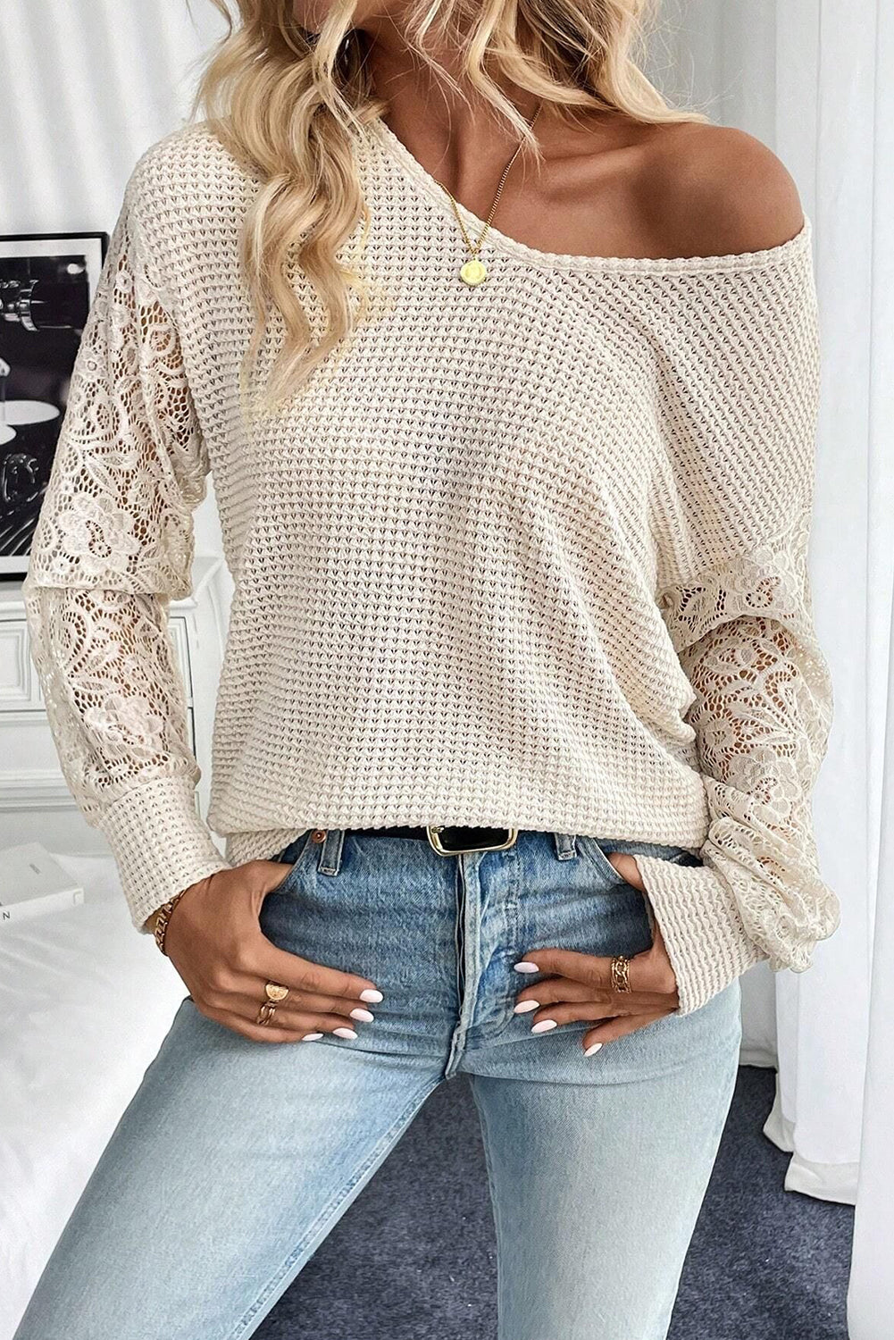 Waffle V Neck Patchwork Lace Long Sleeve Top