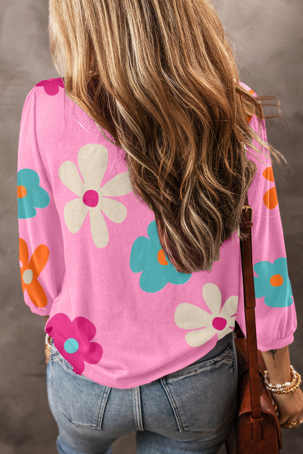 Flower Print Rueched  Sleeve Top