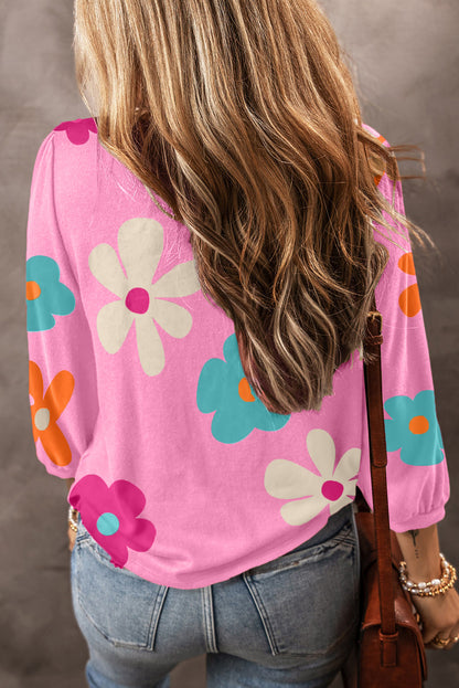 Flower Print Rueched  Sleeve Top