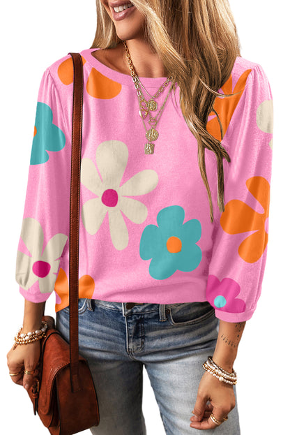Flower Print Rueched  Sleeve Top