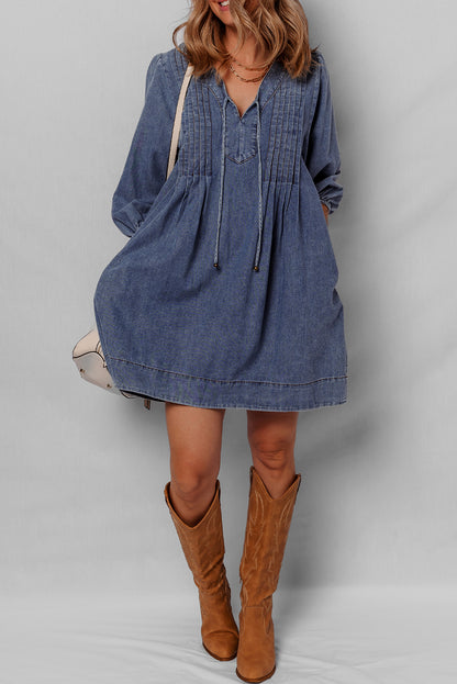 Blue Pleated V Neck 3/4 Sleeve Denim Mini Dress