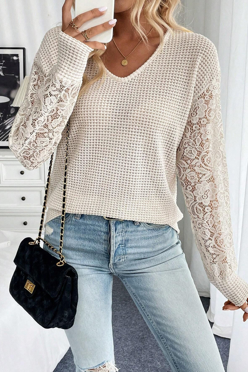 Waffle V Neck Patchwork Lace Long Sleeve Top