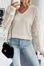 Waffle V Neck Patchwork Lace Long Sleeve Top