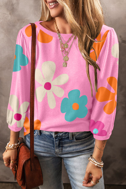 Flower Print Rueched  Sleeve Top
