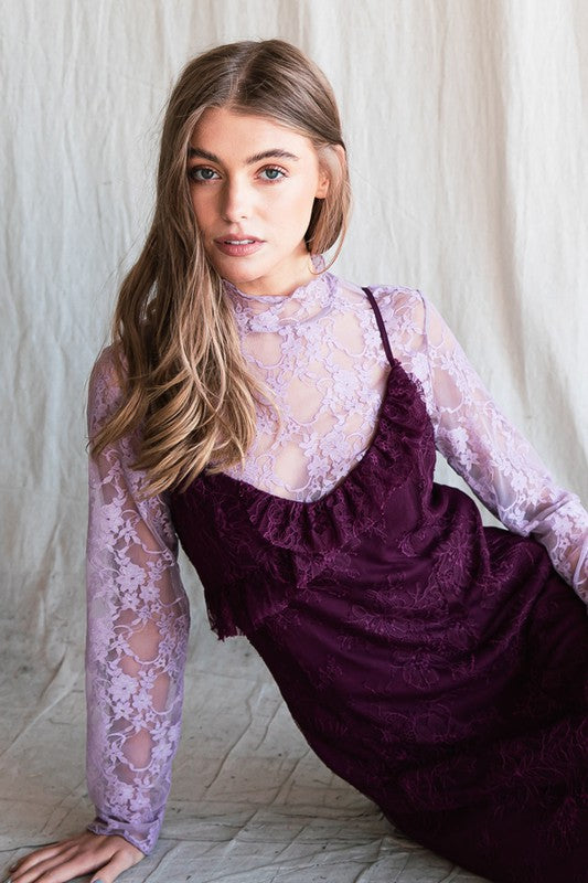 Floral print lace long sleeve top