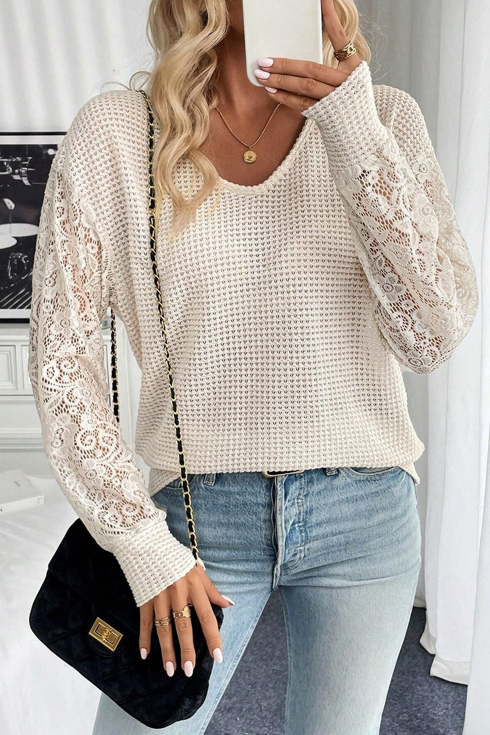 Waffle V Neck Patchwork Lace Long Sleeve Top