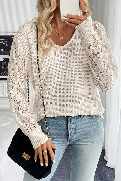 Waffle V Neck Patchwork Lace Long Sleeve Top