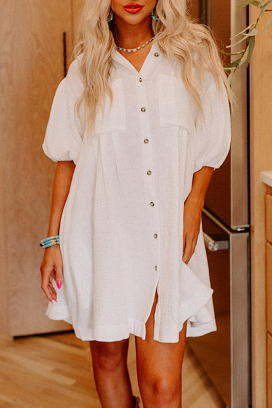 White Half Sleeve Buttoned Shirt Dress