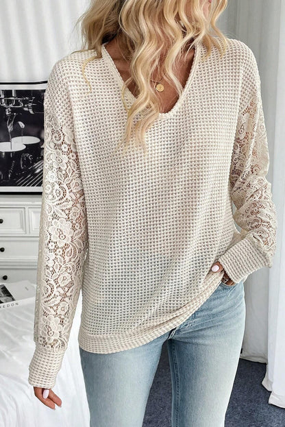 Waffle V Neck Patchwork Lace Long Sleeve Top